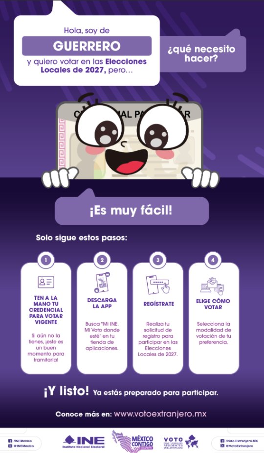 EmbaMexMls's tweet photo. Requisitos para Votar desde el Extranjero

 Perteneces a la entidad de (ENTIDAD) ¡Conoce los pasos que debes realizar si quieres votar desde el extranjero!🗳

#VotoExtranjero #INEMéxico https://t.co/GY7D8kL5JC