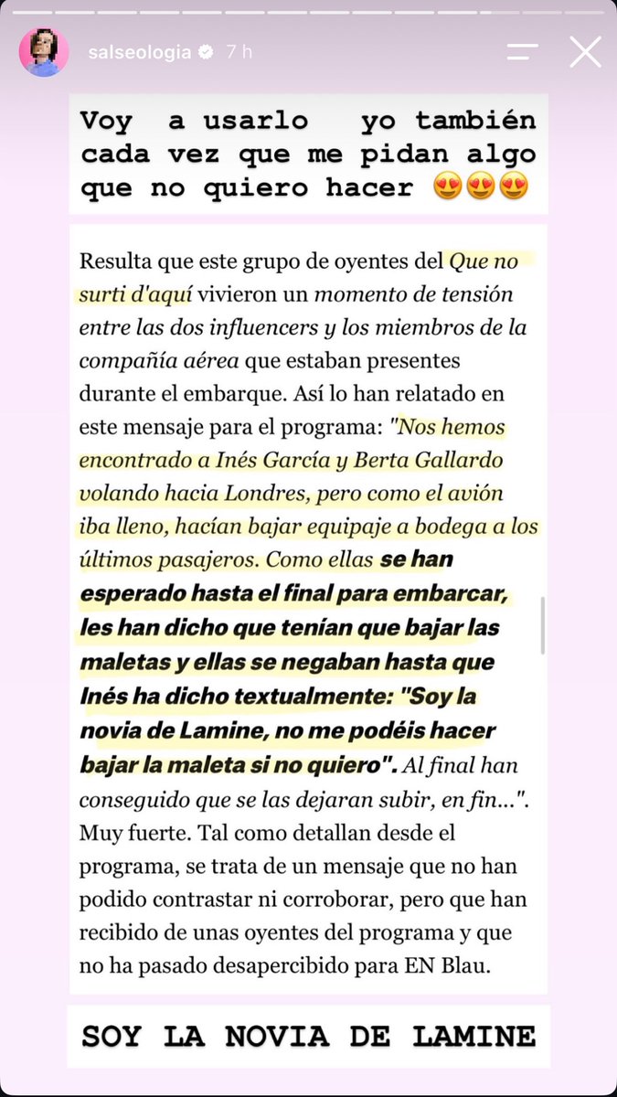 waiflook's tweet photo. hostia tú, sabía que Inés García era lela pero ser una gilipollas con los trabajadores del aeropuerto con la excusa de “soy la novia de Lamine” es otro nivel de ridículo https://t.co/vjxlRYyX0k