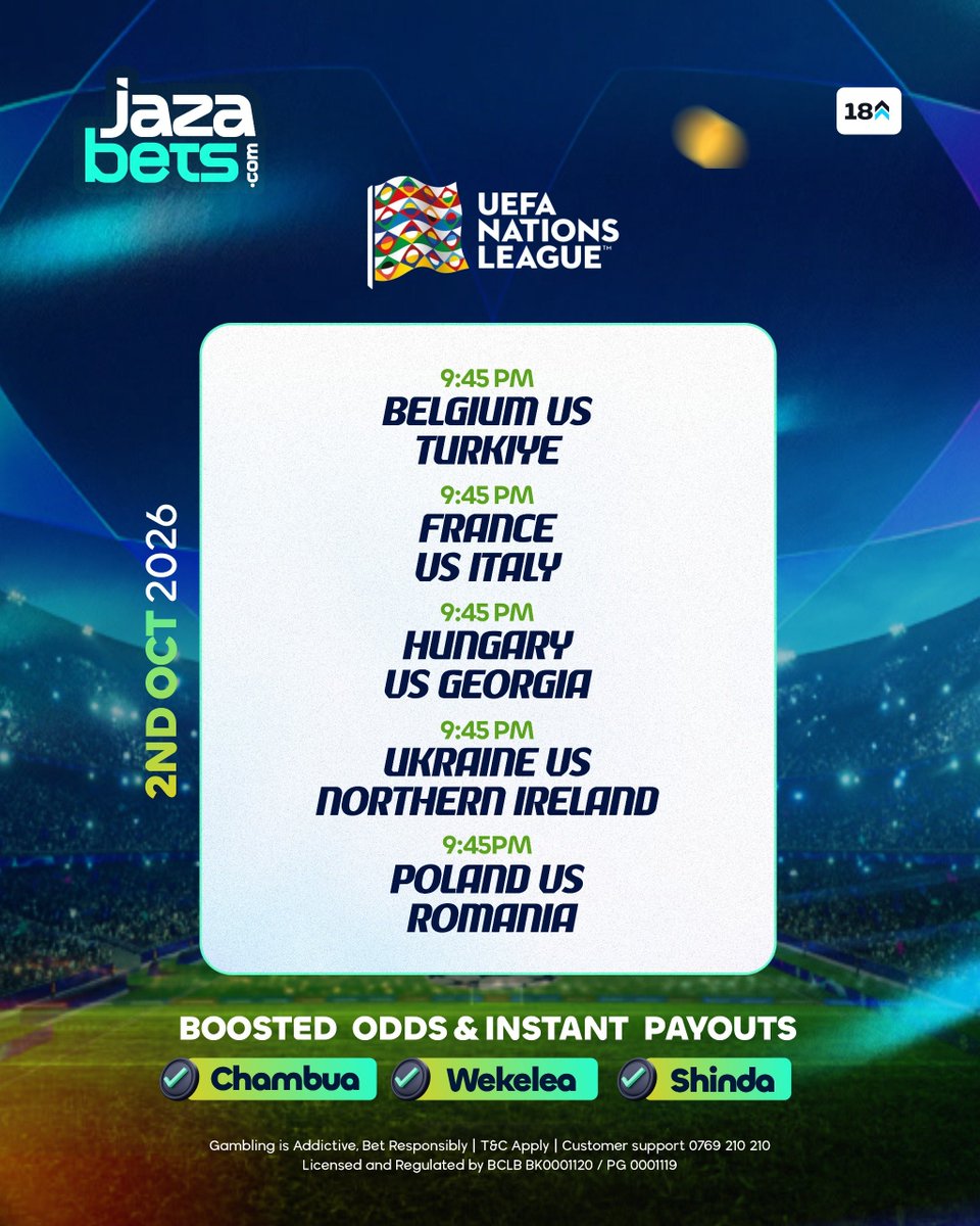 jazabets's tweet photo. Wasee wasee, msipitwe na mechi kali za leo!
Start analyzing early and get your bet slip ready before kickoff. Enjoy boosted odds, instant deposits, and smooth withdrawals.
Win Big 📲 https://t.co/vImpVdLiU1
#Jazabets #TopGames #BoostedOdds https://t.co/UtPRu5X8Ak