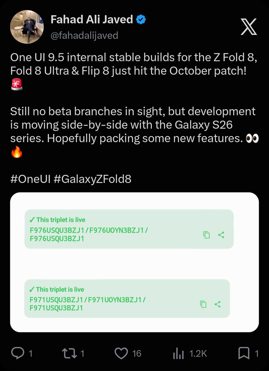 FrankOneDigital's tweet photo. One Ui 9 is still landing, and more 9.5 internals have already stepped on the internal servers 👀

S26 Ultra OXM is CZJ1, up from CZIF. October build, not a beta.

S948BXXU4CZJ1 / S948BOXM4CZJ1 / S948BXXU4CZJ1

Fold 8 and Fold 8 Ultra US cards are BZJ1.

What did 9.0 not ship that you actually want in 9.5?

Credits to @fahadalijaved
