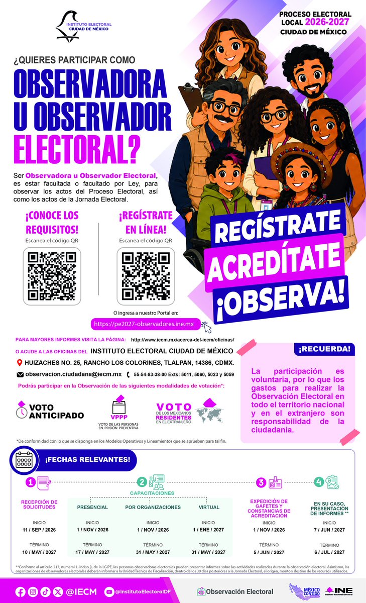 Distrito21IECM's tweet photo. 📢 Conoce y difunde la convocatoria para participar como persona observadora electoral.🗳️
👀 La participación contribuye a fortalecer la transparencia, la certeza y la confianza en los procesos electorales.
📌 Consulta los requisitos, plazos y procedimiento de registro. https://t.co/OPCWF65xPu