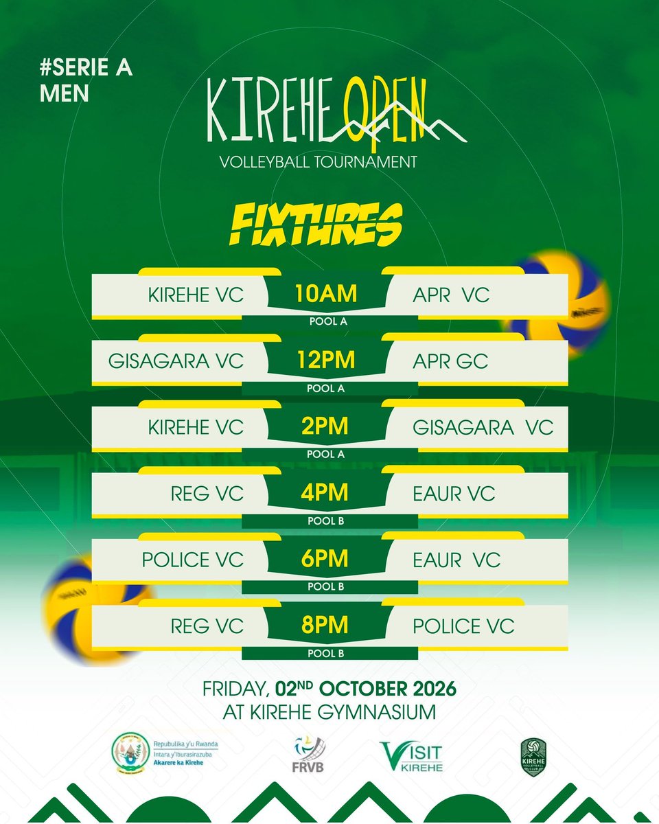 RwandaEast's tweet photo. 🏐🔥 “𝑲𝑰𝑹𝑬𝑯𝑬 𝑶𝒑𝒆𝒏 𝑽𝒐𝒍𝒍𝒆𝒚𝒃𝒂𝒍𝒍 𝑻𝒐𝒖𝒓𝒏𝒂𝒎𝒆𝒏𝒕” 2026

The wait is over!

Get ready for thrilling volleyball action at Kirehe Gymnasium, the new 1,000-seat indoor facility. 

Bring your energy &amp;cheer 4r the teams, and enjoy the excitement! 
#RwandaVolleyball https://t.co/VBQA3zzppT