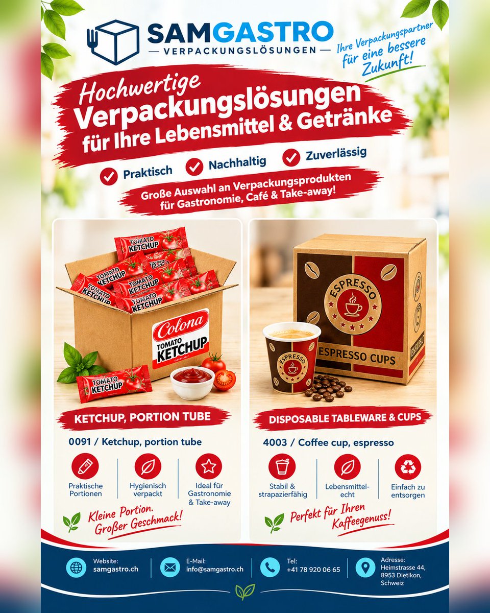 Samgastro_ch's tweet photo. SAMGASTRO – Ihr Partner für hochwertige Verpackungslösungen! 🌿
🌐 Website: https://t.co/nM9IRy4tef
📧 E-Mail: info@samgastro.ch
📞 Telefon: +41 78 920 06 65
📍 Heimstrasse 44, 8953 Dietikon, Schweiz
#samgastro #verpackungsdesign #Gastronomie #takeaway #coffeecupsdiaries https://t.co/QXLbng1hnf