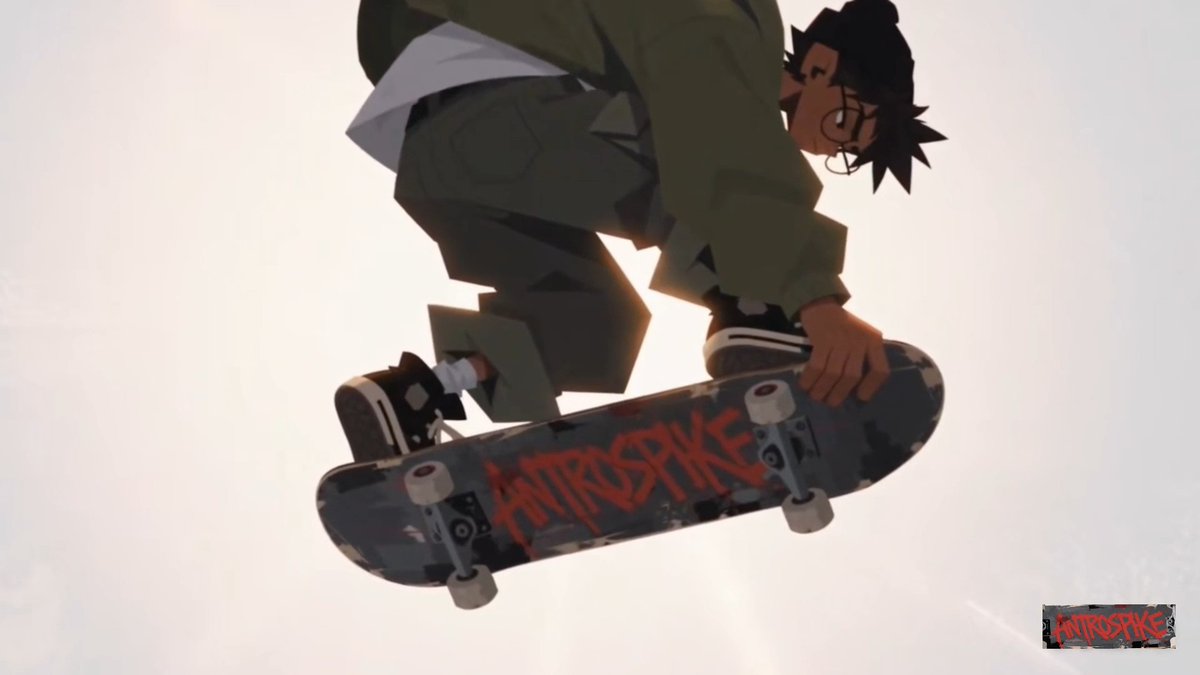 An animated scene showing a character mid-trick in the air while skateboarding, with a skateboard featuring the word "NITROSPIKE" and a logo in the bottom right corner.