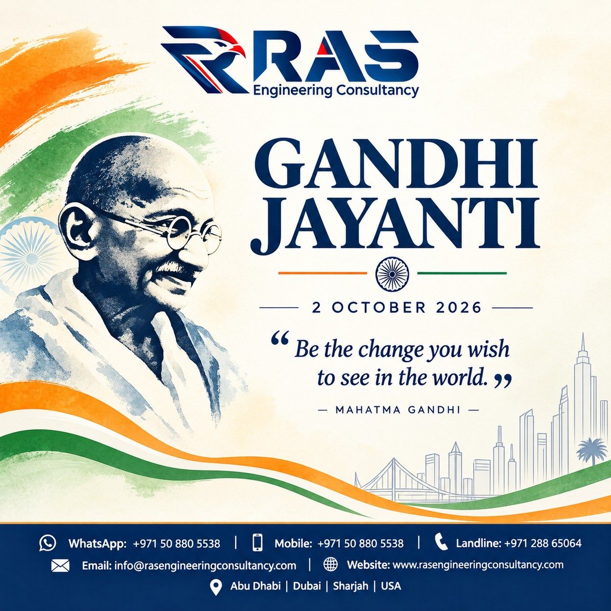 RasEngineeringC's tweet photo. Happy Gandhi Jayanti
📞 WhatsApp / Mobile: +971 50 880 5538
☎️ Landline: +971 288 65064
📧 Email: info@rasengineeringconsultancy.com
🌐Website: https://t.co/op98o3g9ut
📍 Abu Dhabi | Dubai | Sharjah | USA
# Gandhi #india #RASEngineeringConsultancy #AbuDhabi #Dubai #Sharjah #USA https://t.co/MK85CLYLjp
