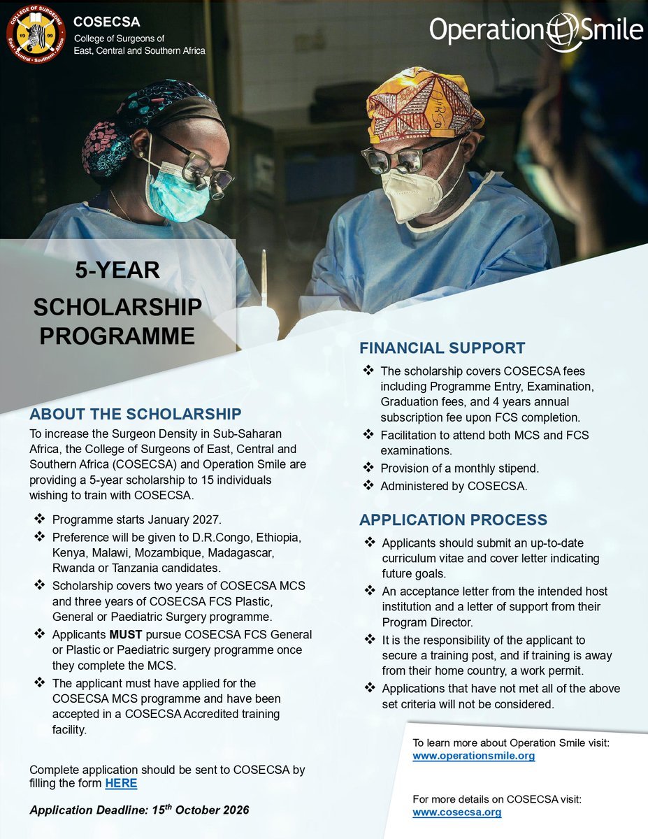 cosecsa's tweet photo. In partnership with @operationsmile , we are offering a 5-year scholarship for 15 individuals to train with COSECSA, starting January 2027. Applications close 15 October 2026.
Click Here to Apply: https://t.co/4JvfuGnagE
 #COSECSA #OperationSmile #Scholarships #Surgery https://t.co/9u6SFhWxaV