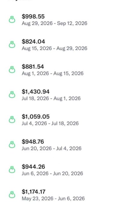 A screenshot of a financial app displaying weekly payouts, with amounts ranging from $824.04 to $1,430.94 listed alongside date ranges from May to September 2026.