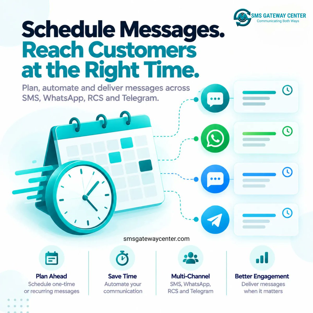 SMSGatewayIndia's tweet photo. SMS: book, read, move, or cancel via scheduleTime.
WhatsApp: scheduletime once, with no undo.
RCS and Telegram: no schedule field. You own the clock.

https://t.co/zxqPhQrYKL

#SMSAPI #WhatsAppAPI #Scheduler https://t.co/pyloPQQPMr