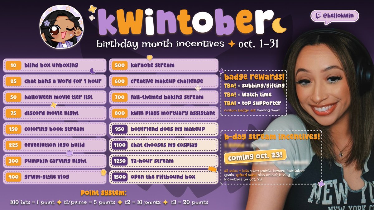 hellokwin's tweet photo. KWINTOBER IS HEREEE 🎃💜

it's officially my birthday month + our second kwintober!! 🥹 this year we're celebrating all october with community activities, new badge rewards, mystery incentives + a whole bunch of fun stuff to unlock along the way!!

happy kwintober hehe 🥳✨ https://t.co/6PosjYBhRa