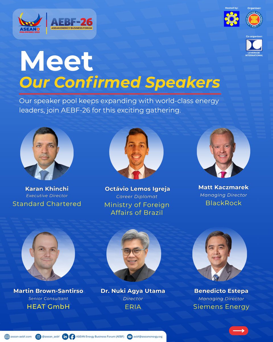 asean_aebf's tweet photo. 🚨 #AEBF26 CONFIRMED SPEAKERS | BATCH 12

📌Book Your AEBF-26 Ticket:
https://t.co/WCIk09JuF1
 
📅 05–09 October 2026
📍 PICC, Metro Manilla.
 
🔗 https://t.co/VqeRCq66KM 
📩 Enquiries: aebf@aseanenergy.org https://t.co/lQOFD2vxjY