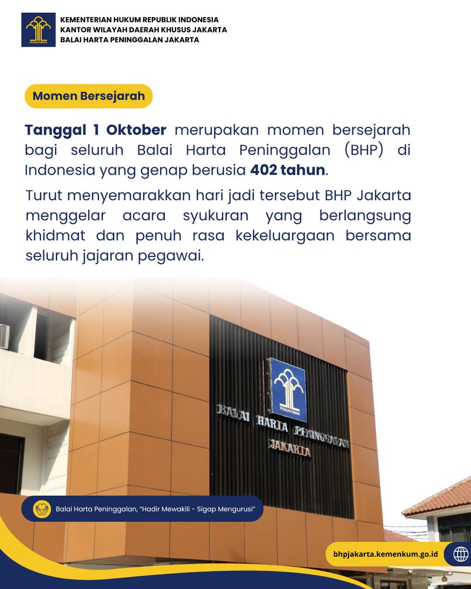 JakartaBhp's tweet photo. Hallo #SobatBHP! 👋

Sobat, tahu tidak kalau pelindung hak keperdataan ini sudah menginjak usia lebih dari 4 abad? 🤯 

Tepat pada 1 Oktober, seluruh jajaran Balai Harta Peninggalan (BHP) di Indonesia merayakan hari jadinya yang ke-402 tahun! 🥳

Untuk mensyukuri momen sangat bersejarah ini, keluarga besar BHP Jakarta menggelar acara syukuran dan doa bersama. Dipimpin langsung oleh Kakanwil DKI Jakarta, Bapak Baroto, dan Kepala BHP Jakarta, Bapak Amien, perayaan ini diwarnai dengan prosesi khidmat potong tumpeng, tiup lilin, hingga makan bersama yang mempererat tali silaturahmi. 🙏✨

Lebih dari sekadar perayaan, usia 402 tahun adalah semangat baru untuk terus berinovasi. Semoga BHP semakin maju, progresif, dan terpercaya dalam menghadirkan keadilan dan kepastian hukum bagi masyarakat luas.

Apa nih doa, harapan, atau inovasi yang paling Sobat nantikan dari pelayanan BHP ke depannya? 👇

#BHPJakarta #KemenkumRI #KanwilKemenkumDKJakarta #DirgahayuBHP