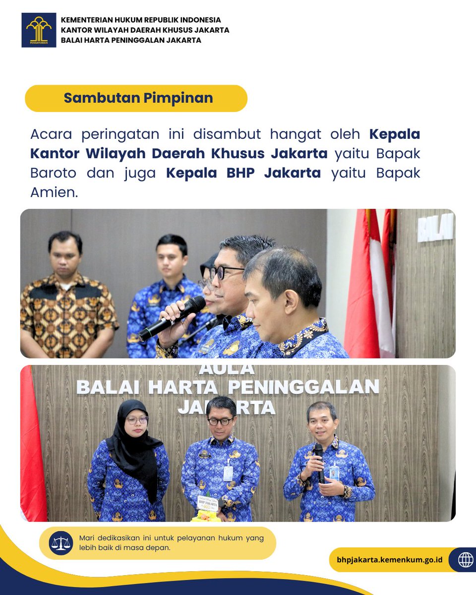JakartaBhp's tweet photo. Hallo #SobatBHP! 👋

Sobat, tahu tidak kalau pelindung hak keperdataan ini sudah menginjak usia lebih dari 4 abad? 🤯 

Tepat pada 1 Oktober, seluruh jajaran Balai Harta Peninggalan (BHP) di Indonesia merayakan hari jadinya yang ke-402 tahun! 🥳

Untuk mensyukuri momen sangat bersejarah ini, keluarga besar BHP Jakarta menggelar acara syukuran dan doa bersama. Dipimpin langsung oleh Kakanwil DKI Jakarta, Bapak Baroto, dan Kepala BHP Jakarta, Bapak Amien, perayaan ini diwarnai dengan prosesi khidmat potong tumpeng, tiup lilin, hingga makan bersama yang mempererat tali silaturahmi. 🙏✨

Lebih dari sekadar perayaan, usia 402 tahun adalah semangat baru untuk terus berinovasi. Semoga BHP semakin maju, progresif, dan terpercaya dalam menghadirkan keadilan dan kepastian hukum bagi masyarakat luas.

Apa nih doa, harapan, atau inovasi yang paling Sobat nantikan dari pelayanan BHP ke depannya? 👇

#BHPJakarta #KemenkumRI #KanwilKemenkumDKJakarta #DirgahayuBHP