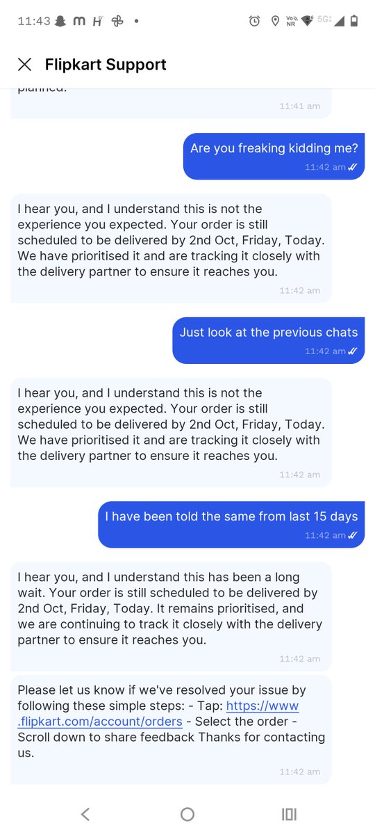 YBhat51727's tweet photo. Placed an order on September 09 which was supposed to be delivered on 20th september.Since then it's out for delivery .@Flipkart @flipkartsupport this is how you reward ur loyal customers?And your customer support is pathetic. https://t.co/hYXk7n6PUC