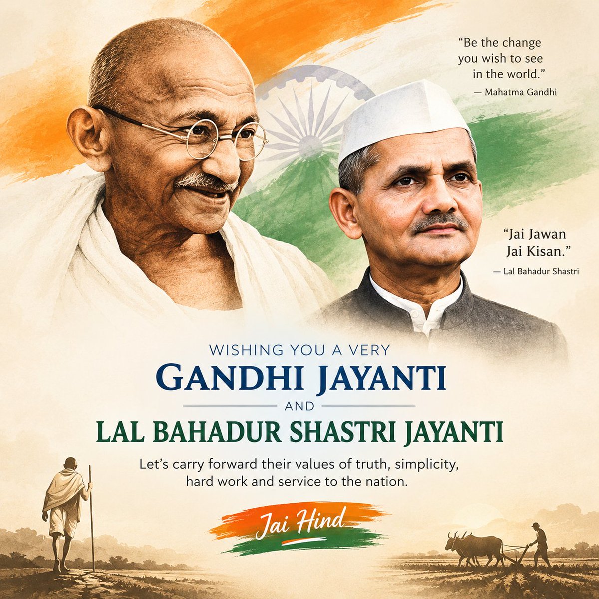 RahulSi98696083's tweet photo. Remembering Mahatma Gandhi and Lal Bahadur Shastri on their birth anniversaries. 🇮🇳

May their ideals of truth, non-violence, simplicity and selfless service continue to inspire us.

Jai Hind! 🙏

#GandhiJayanti #LalBahadurShastriJayanti https://t.co/CdKpXBPxJS