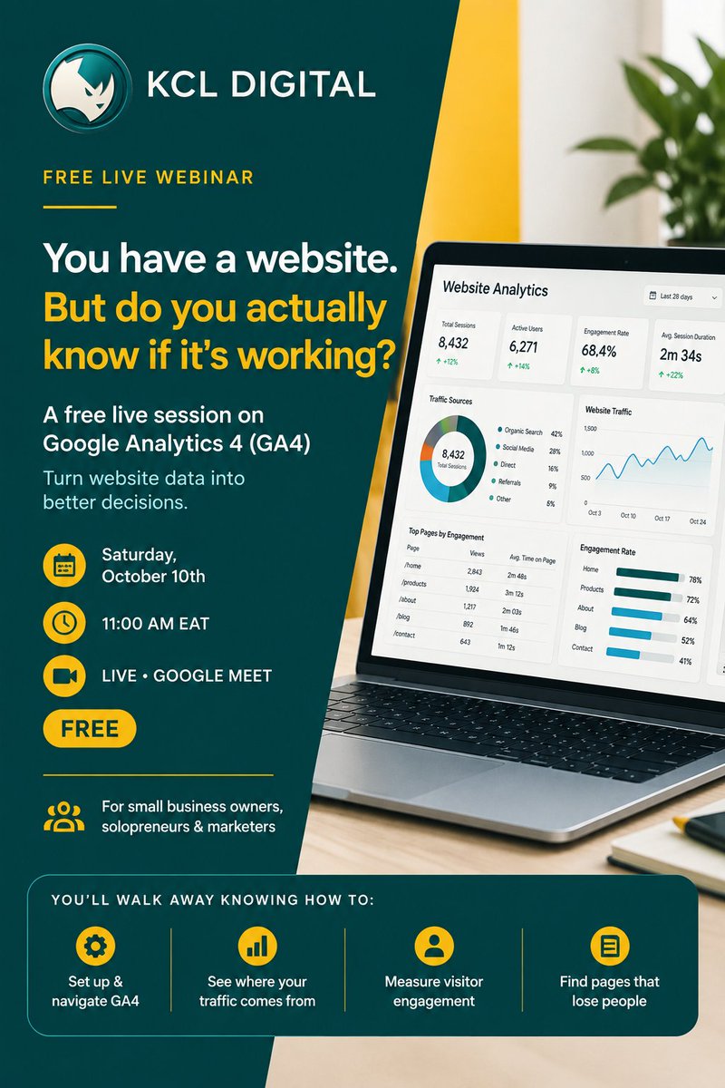 kipkogeix's tweet photo. Join me for a free live session on Google Analytics 4 (GA4) and learn  what’s really happening on your website. 

You will learn how to turn website data into better marketing decisions.

Register here: https://t.co/LmKi6pG03F https://t.co/TTBC4xAiuQ