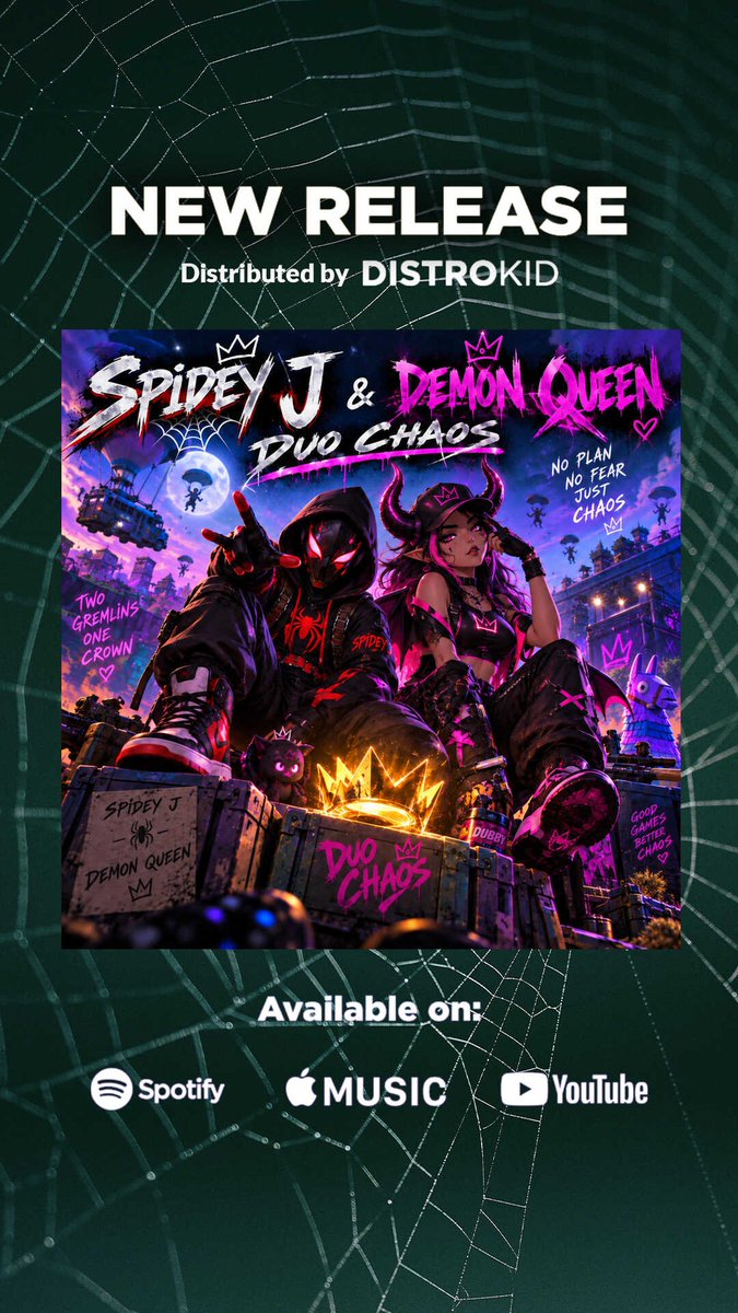 Spideyjofficial's tweet photo. 🚨 CHAOS DUO IS OUT NOW 🚨

No plan.
No strategy.
Just pure DUO CHAOS. 😈🕷️🔥

My new song **CHAOS DUO** is officially LIVE TODAY!

Go run it up, blast it loud, and tell me your favorite part 👀🎧

#ChaosDuo #SpideyJ #NewMusic #GamingMusic https://t.co/L5FMVRLIGe