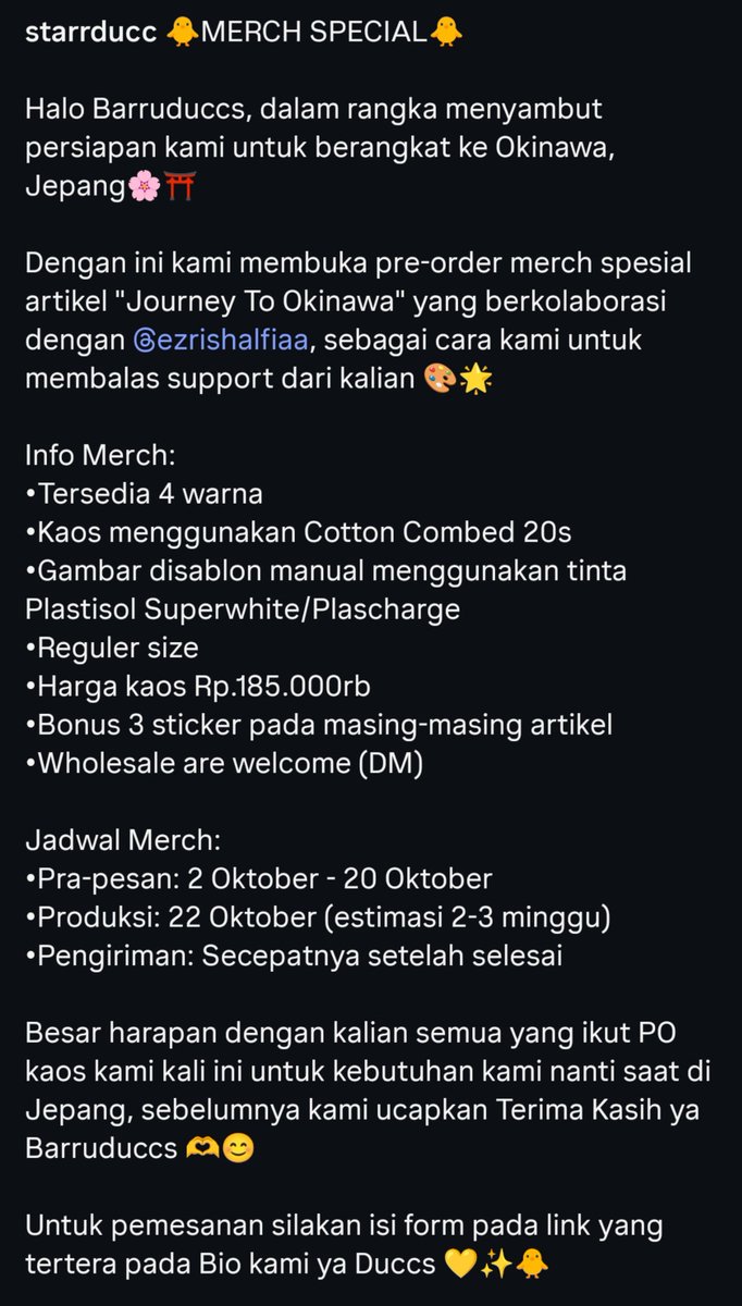 Starrducc_'s tweet photo. 🐥MERCH SPECIAL🐥

Halo Barruduccs, dalam rangka menyambut persiapan kami untuk berangkat ke Okinawa, Jepang 🌸⛩️

Dengan ini kami membuka pre-order merch spesial artikel "Journey To Okinawa" yang berkolaborasi dengan @chimeoww🎨🌟

https://t.co/SxaRVYkcjL https://t.co/mhbXhFBz8A