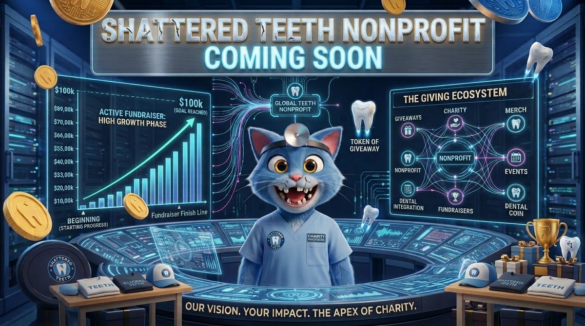 ShatteredTe3th's tweet photo. 🚀 Big news for the $TEETH community! 

We are officially expanding the scope of the Shattered Teeth Ecosystem.
​Get ready for the launch of the Shattered Teeth Nonprofit coming soon, an ambitious initiative to bridge the gap between blockchain and real-world impact. Our mission: "Our Vision. Your Impact. The Apex of Charity." 🦷💙

​This nonprofit will be the heart of our mission-driven growth. The process is in full swing, and we are working tirelessly to complete the legal framework. It will be officially coming as soon as we finish the processing.

​BUT we aren’t waiting. To kickstart the High Growth Phase (as seen from our command center), we are launching several major fundraisers directly supporting the ecosystem!

​📢 STAY TUNED: We will announce the Launch of the first fundraising event very soon. This event will set the foundation for the entire ecosystem and our future support of other charities.

​The $TEETH movement is about more than a token; it's about making a difference, one donation, one dental innovation, and one charitable event at a time. The Giving Ecosystem is at the brink of becoming ACTIVE! 📊🎁🏥

​Join us on the ground floor. Let’s change things together.

​Learn more: https://t.co/fiwvMeDRRx
Community: https://t.co/ckXw03MJGR
​ 
#CryptoCharity #Nonprofit #BlockchainForGood #TeethToSave #CommunityDriven #TEETH