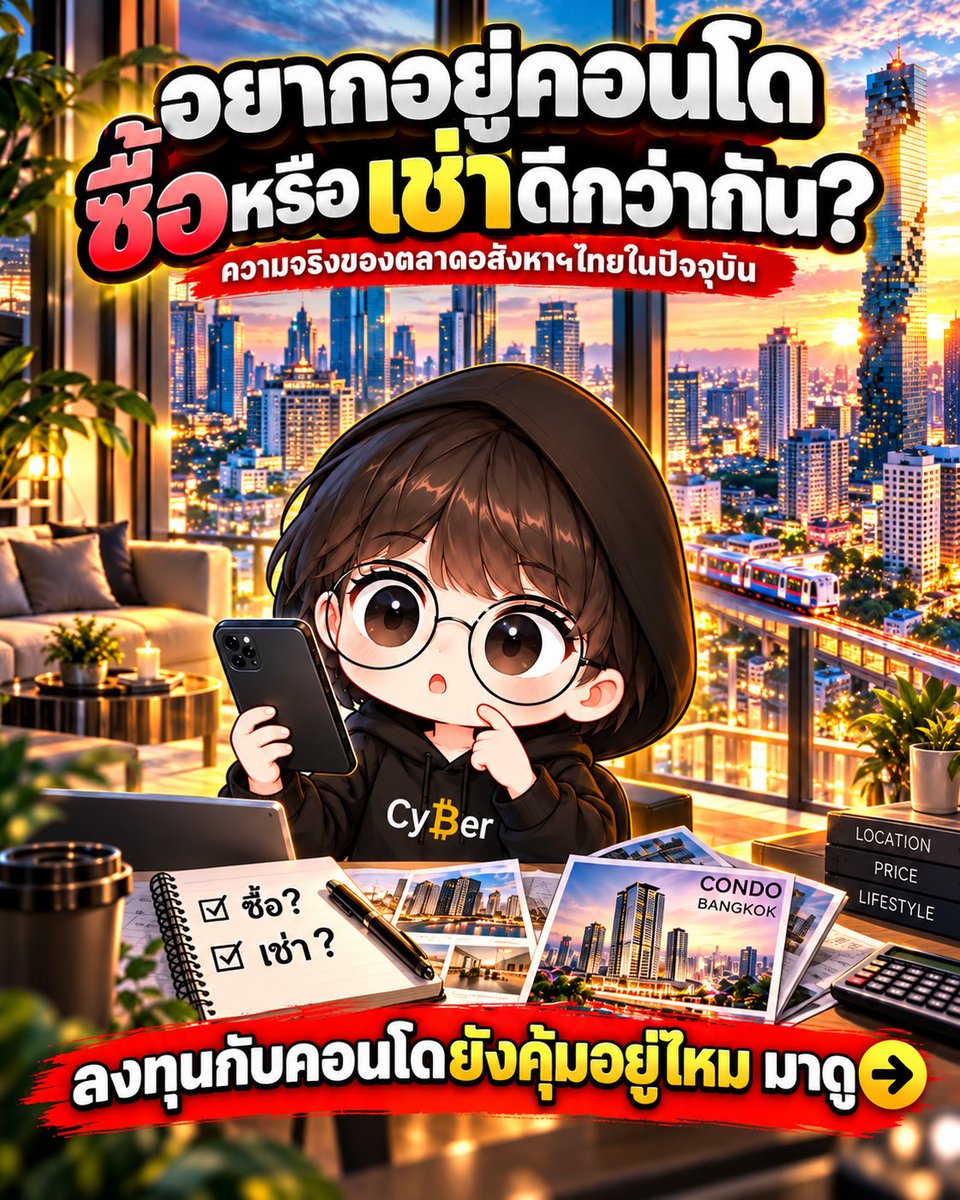 Cyber__trader's tweet photo. ดอกเบี้ยเดือนแรกของการผ่อนคอนโด 3.5 ล้าน เกือบเท่าค่าเช่าห้องเดียวกันทั้งเดือน 🏠

และนี่คือความจริงในตลาดอสังหาไทย คอนโดใหม่ผุดขึ้นทุกหัวมุมถนน แต่ทำไมผลตอบแทนของคนที่ซื้อไว้กลับหดลงเรื่อยๆ?

เริ่มจากภาพตลาดคอนโดกรุงเทพตอนนี้ คือ ของยังล้น SCB EIC ประเมินว่าที่อยู่อาศัยเหลือขายในกรุงเทพและปริมณฑลปีนี้มีราว 212,000 หน่วย ตลาดหดตัวต่อเนื่องเป็นปีที่ 4 และความต้องการซื้อหาย เพราะหนี้ครัวเรือนสูง แถมธนาคารปล่อยกู้ยากขึ้น

ส่วนราคาคอนโดทั้งปีขยับขึ้นแค่ราว 2% ต่ำกว่าเงินเฟ้อด้วยซ้ำ และที่ราคาไม่ร่วงให้เห็นชัดๆ ก็เพราะ Developer เลือกอัดโปรโมชั่น แถมเฟอร์นิเจอร์ ฟรีค่าส่วนกลาง แทนการลดราคาตรงๆ นั่นเอง

ในฐานะที่ปรึกษาการเงิน ผมมีลูกค้าหลายคนจากประสบการณ์ที่ปล่อยเช่าคอนโดมาหลายปี บางคนบอกผมว่าผลตอบแทนที่เคยได้ราว 6% ช่วงไม่กี่ปีหลังเหลือแค่ 3% เท่านั้น!

ผมเคยโพสไปแล้วว่า ต้นทุนแฝงของการซื้อบ้านหรือคอนโด มีมากกว่าที่คนส่วนใหญ่คิด ยกตัวอย่างคอนโด 3.5 ล้าน ขนาด 35 ตร.ม.

ดอกเบี้ย กู้ 90% ที่ดอกเบี้ยเฉลี่ย 5% ผ่อน 30 ปี จ่ายดอกเบี้ยรวมราว 2.94 ล้าน เกือบเท่าเงินต้นที่กู้มา

กองทุนส่วนกลาง (Sinking fund) จ่ายครั้งเดียวราว 17,500 บาท
ค่าส่วนกลาง ราว 1,750 บาทต่อเดือน หรือ 21,000 บาทต่อปี และมีแนวโน้มขึ้นตามอายุตึก

เฟอร์นิเจอร์และตกแต่ง ถ้าจะปล่อยเช่าได้ราคา อาจต้องลงอีกหลักแสน
ห้องว่าง ช่วงเปลี่ยนผู้เช่า 1 - 2 เดือนต่อปีคือรายได้ที่หายไปเฉยๆ
ขายต่อ ถ้าขายภายใน 5 ปี มีภาษีธุรกิจเฉพาะ 3.3% คิดเป็นราว 115,500 บาท บวกค่านายหน้าอีกราว 2-3%

ส่วนค่าโอนกับค่าจดจำนอง ตอนนี้รัฐลดให้เหลือ 0.01% สำหรับที่อยู่อาศัยไม่เกิน 7 ล้าน ถึง 30 มิ.ย. 2570 ถ้าไม่มีมาตรการนี้ ปกติจะอยู่ที่ 2% กับ 1%

พอรวมหักทุกอย่างแล้ว Gross yield 5% ที่เห็นในโบรชัวร์ จะเหลือ Net yield จริงแค่ราว 3.5% เท่านั้นเอง

มุมมองส่วนตัวของผมที่ต้องทำแผนการเงิน รวมถึงแผนการซื้อบ้านหรือคอนโดประจำด้วย

ถ้าเป้าหมายคุณคือ การสร้างความมั่งคั่งเพื่อเป้าหมายอื่นในชีวิต ผมเลือก "เช่า" ด้วย 3 เหตุผลครับ

1. Flexibility ความยืดหยุ่น ย้ายงาน ย้ายเมือง ขยายครอบครัว ก็ย้ายตามชีวิตได้ทันที ไม่ต้องแบกห้องที่ขายไม่ออกไว้ข้างหลัง

2. Opportunity cost เงินดาวน์ ค่าตกแต่ง และส่วนต่างที่ต้องจ่ายเพิ่มราว 4,000 บาททุกเดือน ถ้าเอาไปลงทุนอย่างมีวินัย 30 ปีมีโอกาสโตได้มากกว่าห้องที่ราคาแทบไม่ขยับ

3. Demand กับ Supply ไม่สมดุล เมื่อห้องว่างล้นตลาด เจ้าของห้องต้องแข่งกันหาผู้เช่า ค่าเช่าเลยขึ้นยาก สุดท้ายคนซื้อต้องวิ่งตามราคาของคนเช่า ไม่ใช่คนเช่าวิ่งตามราคาของคนซื้อ

แต่ก็ต้องบอกให้แฟร์ว่า การซื้อก็ยังเหมาะกับบางคนอยู่ เช่น คนที่รู้แน่ว่าจะอยู่ทำเลเดิม 10-20 ปีขึ้นไป รายได้มั่นคง หรือให้คุณค่ากับความรู้สึกว่าเป็น "บ้านของเรา" มากกว่าตัวเลข และเงินต้นที่ผ่อนไปก็เป็นส่วนของเราจริง ไม่ได้หายไปทั้งหมดเหมือนค่าเช่า

บ้านและคอนโดคือที่อยู่ มันไม่จำเป็นต้องเป็นการลงทุนที่ดีที่สุดของเราเสมอไป แต่สำหรับบางคนอาจเป็นกับดักที่ถูกมองข้ามไป

แล้วเพื่อนๆ เห็นด้วยกับผมไหม ทีมเช่าหรือทีมซื้อ? คอมเม้นบอกกันได้นะครับ 👇

#คอนโด #บ้าน #อสังหา #วางแผนการเงิน #ลงทุน