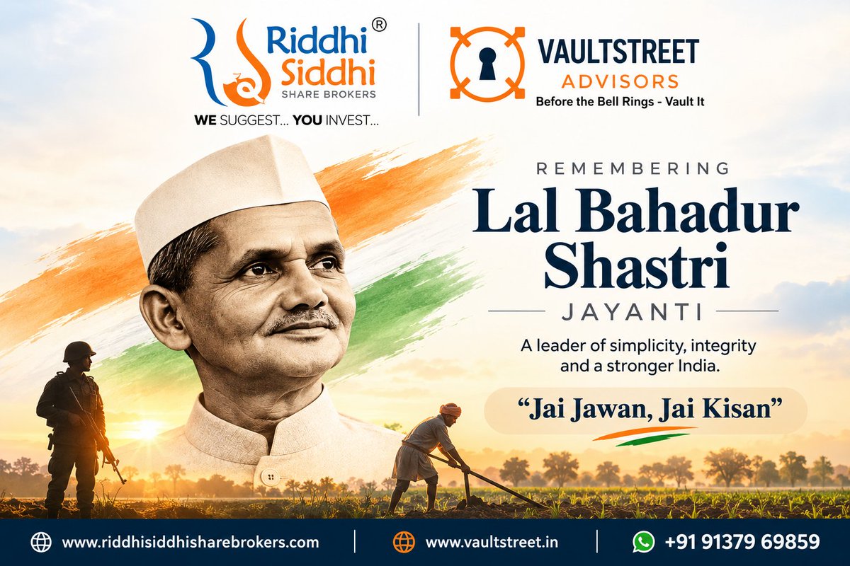 vault_street's tweet photo. Remembering Lal Bahadur Shastri Ji on his birth anniversary — a leader remembered for simplicity, integrity and service to the #India. 🇮🇳

His call #JaiJawanJaiKisan continues to honour the strength of our soldiers and farmers.

#RiddhiSiddhiShareBrokers #VaultStreetAdvisors https://t.co/nMOX89dADg