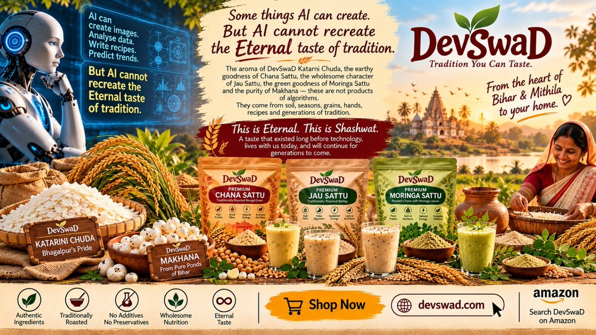 devswad's tweet photo. Some things AI can create.
But AI cannot recreate the taste of tradition. 🌾

The aroma of DevSwaD Katarni Chuda, the earthy goodness of Chana Sattu, the wholesome character of Jau Sattu and the green goodness of Moringa Sattu — these are not products of algorithms.

They come from soil, seasons, grains, hands, recipes and generations of tradition.

This is Shashwat — timeless, Eternal.
A taste that existed long before the technology and all the AIs, lives with us today, and will continue for generations to come.

AI may learn patterns.
Technology may create possibilities.
But some flavours can only be experienced. ❤️

🌾 DevSwaD — Tradition You Can Taste.
From the heart of Bihar & Mithila to your home.

🛒 Shop: 
https://t.co/GHNqyZ5tK9
On Amazon https://t.co/xN1Ocw8eoT
Special rates on WhatsApp Orders: 7975242828

#DevSwaD #TraditionYouCanTaste #Bihar #Mithila #KatarniChuda #ChanaSattu #JauSattu #MoringaSattu #IndianFood #IndianHeritage #TraditionalFood #AuthenticIndianFood #FoodWithHeritage #TasteOfIndia #MadeInIndia #VocalForLocal #D2C #IndianD2C #FoodTech #AgriTech #FoodInnovation #AI #ArtificialIntelligence #GenerativeAI #Tech #Technology #Innovation #FutureOfFood #AIandHumanity #DigitalIndia #StartupIndia #Entrepreneurship #IndianStartups #SmallBusiness #SustainableFood