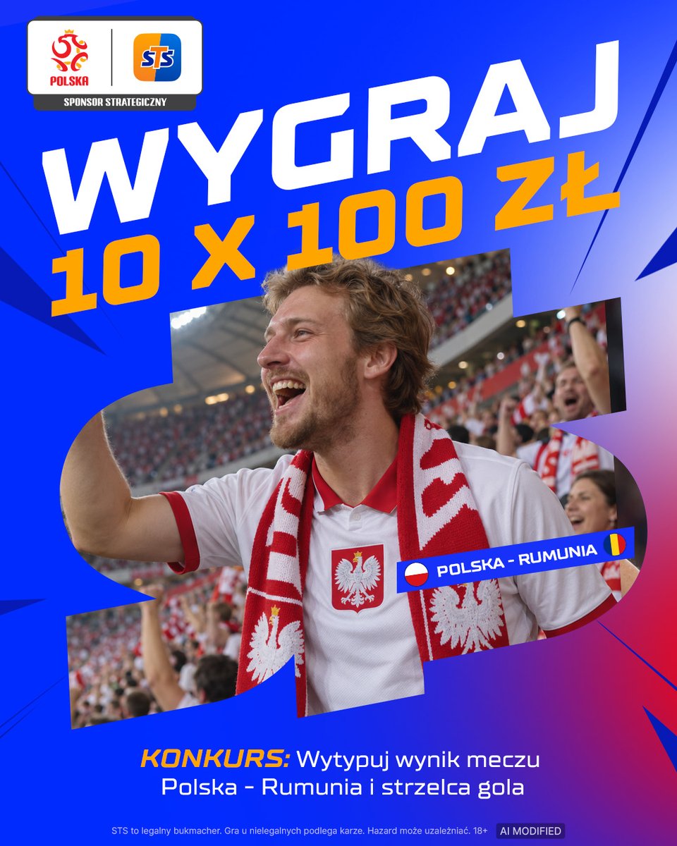 stspolska's tweet photo. ADMIN dzisiaj pełen wiary! Dawajcie w KONKURS!

Zasady: 
1. Zaobserwuj profil STS, polub i podaj dalej ten post
2. W komentarzu wytypuj wynik i strzelca w meczu Polska - Rumunia
3. Dodaj #LiczySięBardziej
🎁Nagrody: 10x100 PLN BONUS

Regulamin: https://t.co/PVCLI0f0Nq https://t.co/SI8dAHJrv3