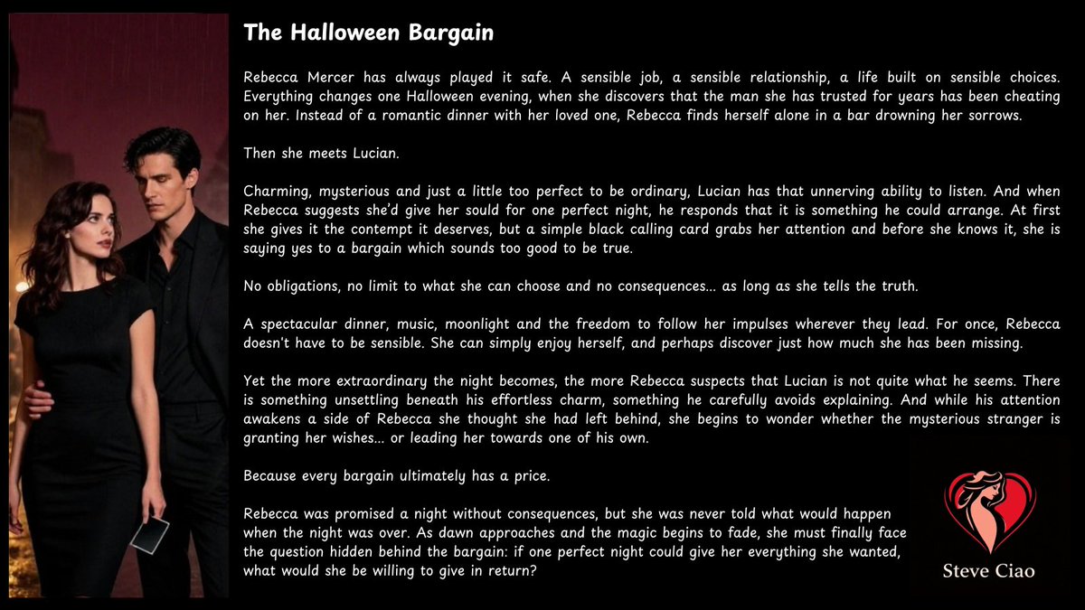SteveCiao1966's tweet photo. Just arrived on @literotica for the Halloween Contest... drowning her sorrows after an eventful evening, Rebecca finds herself confiding in a stranger... I'd sell my soul for one perfect night... imagine her surprise when he says he could make that happen

https://t.co/PMuDL6fJOs https://t.co/Tod4be9Ksk