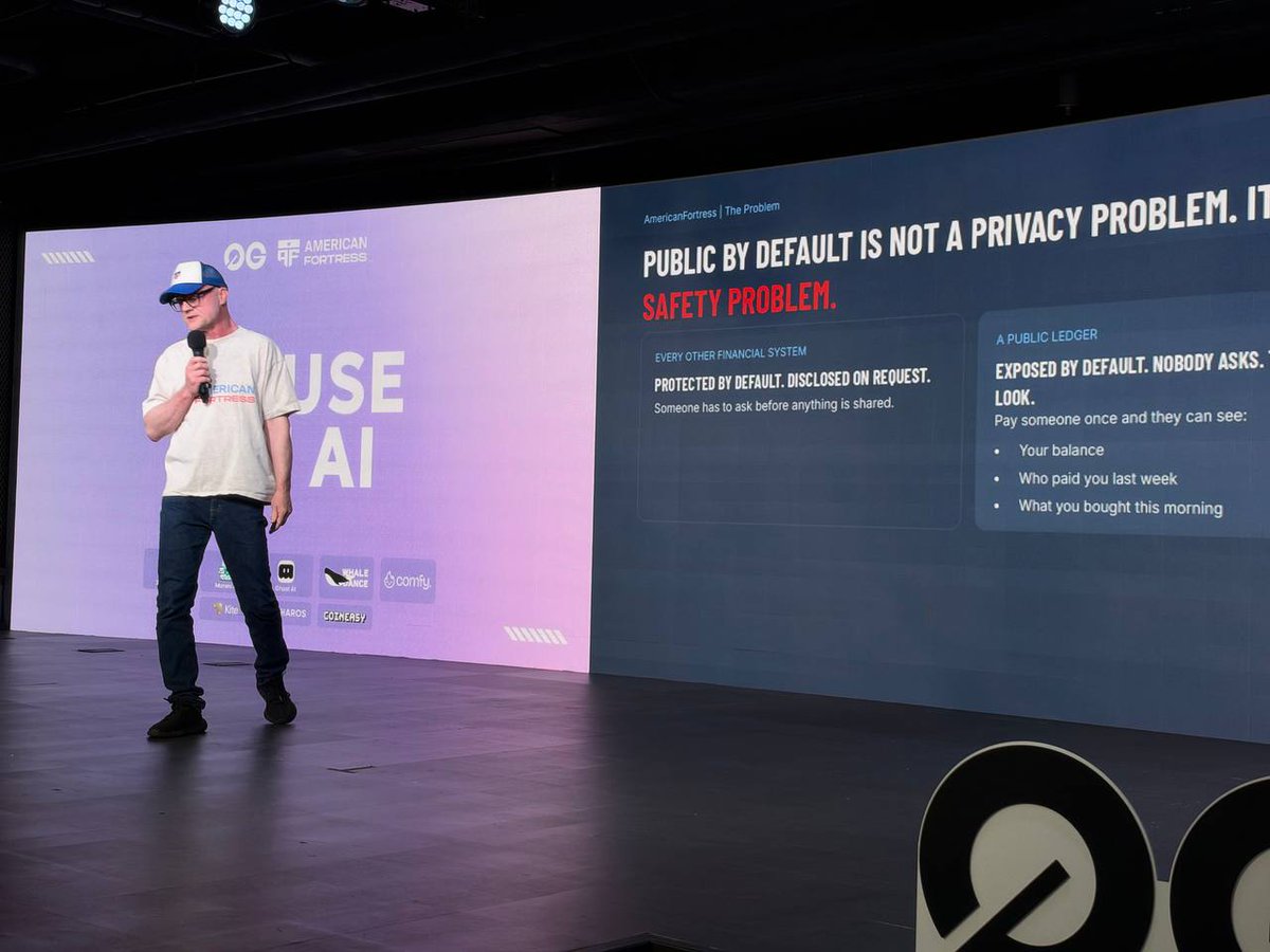 Americanfort_io's tweet photo. Pay someone once on a public blockchain and they can see how much money you have, who paid you last week, and what you bought this morning. Forever.

Your bank doesn't work like that. Nobody's bank works like that. Your records are private until someone with a reason asks.

Tonight at House of AI event we co-hosted with @0G_labs in Seoul, @MehowHacks showed how to bring that standard to crypto: a payment that is private, and that can still prove who sent it when it matters.

You pay a name, like @alice, and the transaction stays private. If an exchange or an auditor ever needs to check a specific payment, you prove that one payment and nothing else. Your history stays yours.

Coming to 0G first.