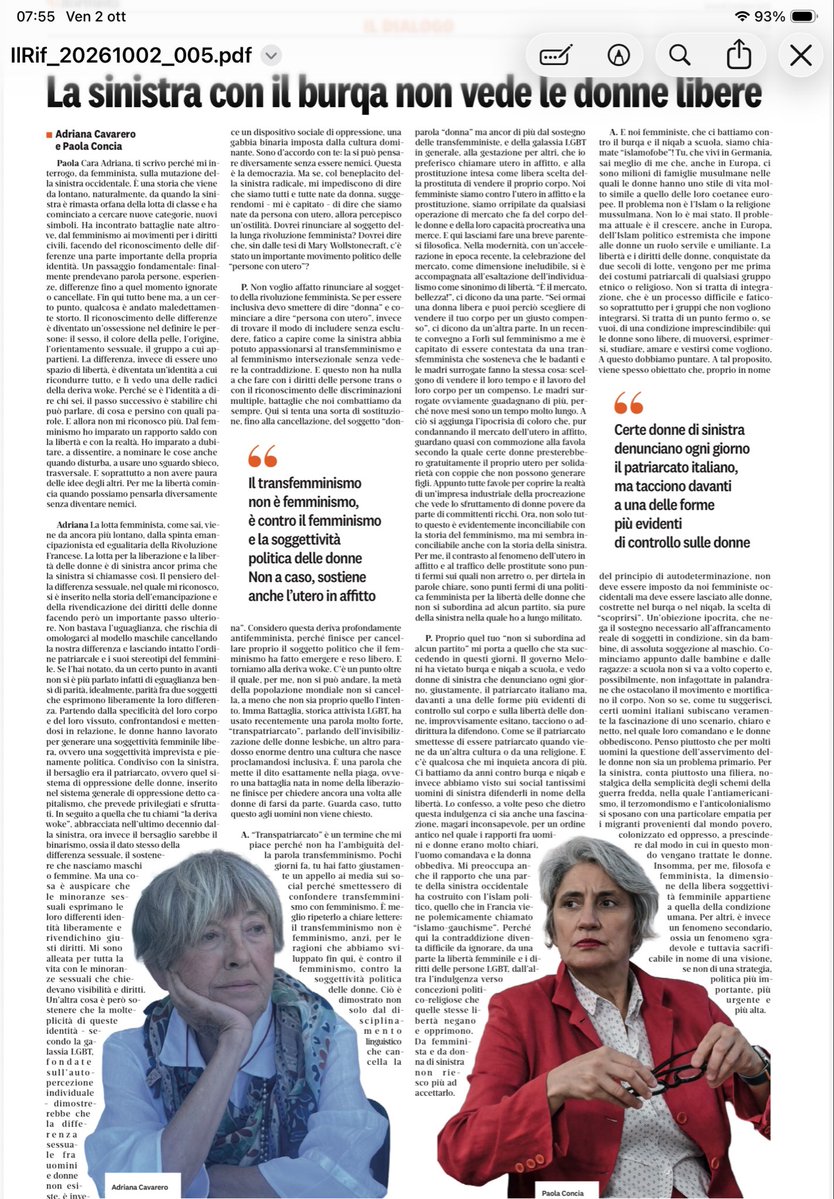 annapaolaconcia's tweet photo. #AdrianaCavarero ed io in un lungo dialogo oggi su @ilriformista abbiamo ragionato insieme su cosa è andato storto tra #femminismo #sinistra #woke e #islam. 
“La sinistra con il #burqa non vede le donne libere” https://t.co/jc8qsRl5KT
