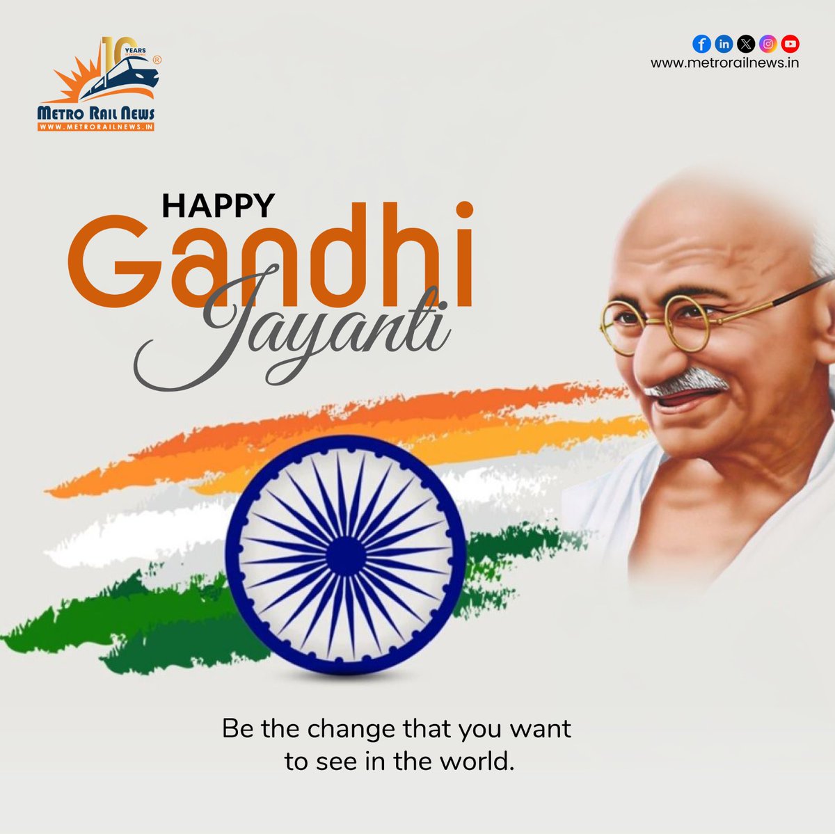 MetroRailNewsHQ's tweet photo. "Be the change that you want to see in the world." – Mahatma Gandhi
For 10 years, we've tracked the change in how India moves. 🇮🇳
Happy #GandhiJayanti from Metro Rail News
#MetroRailNews #10YearsOfExcellence #MetroRail #RRTS https://t.co/kK6yR3fOr1
