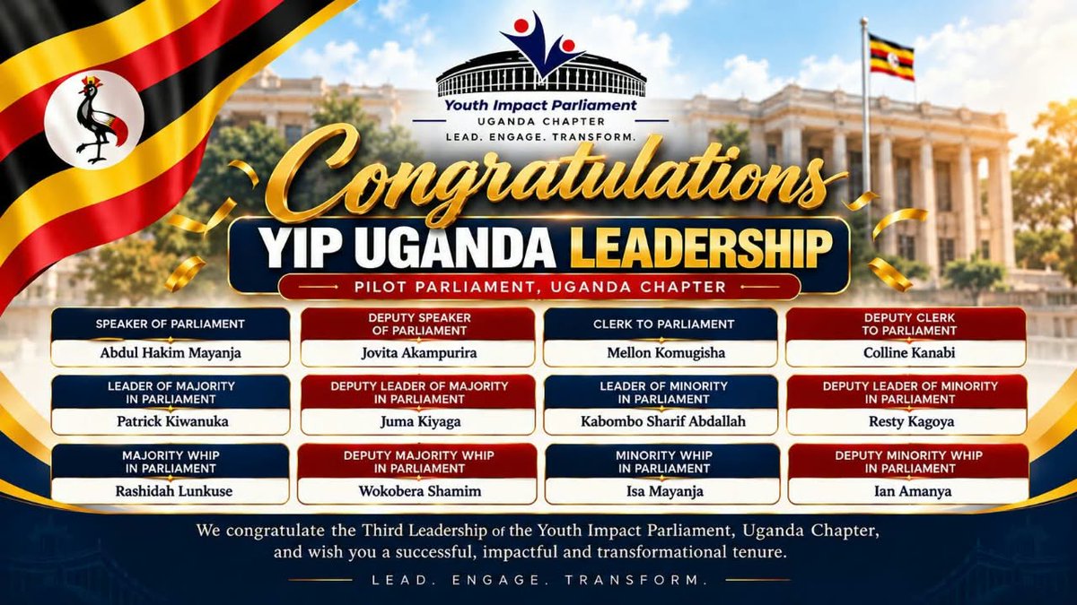yipglobal's tweet photo. 🇺🇬⚜️ CONGRATULATIONS | 3RD YIP UGANDA LEADERSHIP

The Youth Impact Parliament (YIP) proudly congratulates the newly sworn-in Third Leadership of the Pilot Parliament, Uganda Chapter.

📷 https://t.co/00EcqZnFoG

Proceedings: https://t.co/EVQC7Pflak https://t.co/hrYuprCrtS
