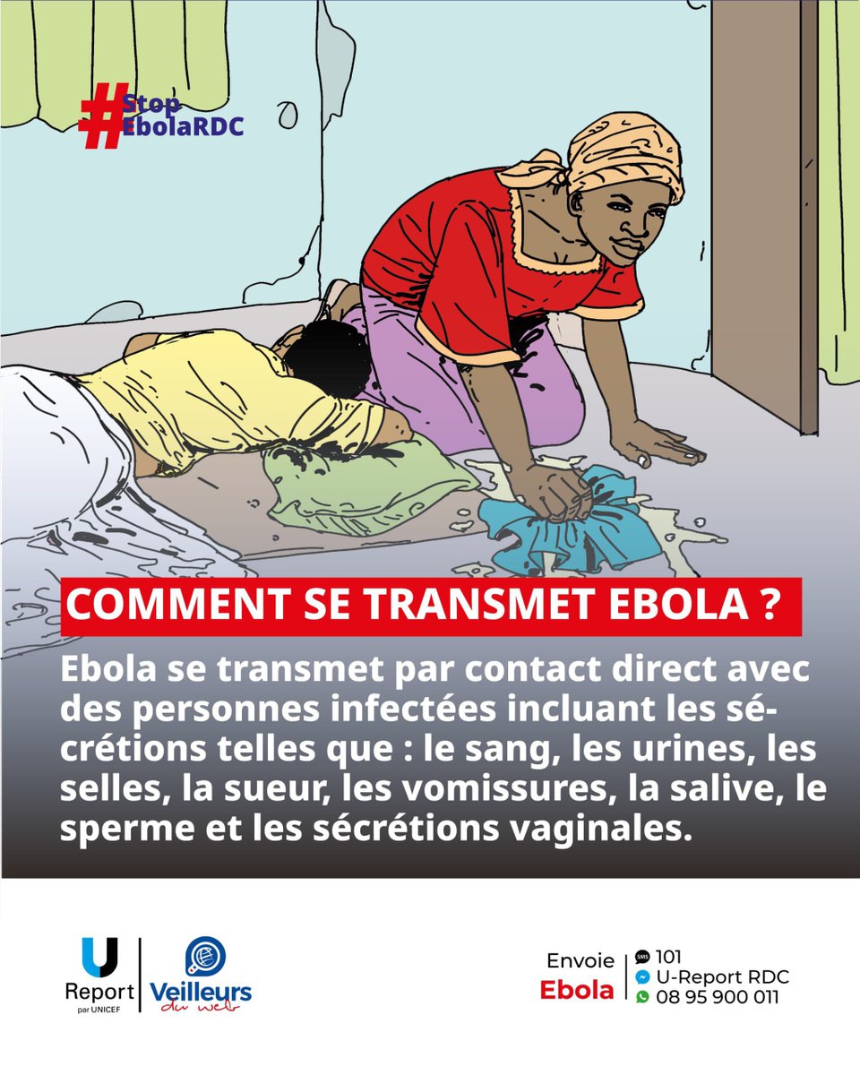 MutomboNor2479's tweet photo. Comment se transmet Ebola ? 

Ebola se transmet par contact avec les liquides corporels d’une personne infectée.

Protège-toi : évite tout contact direct avec un malade non pris en charge.

📩 EBOLA au 101, SMS gratuit !

#StopEbolaRDC 
#veilleursduwebrdc5 
@Insprdc @UNICEFDRC https://t.co/X3sgFORm5C