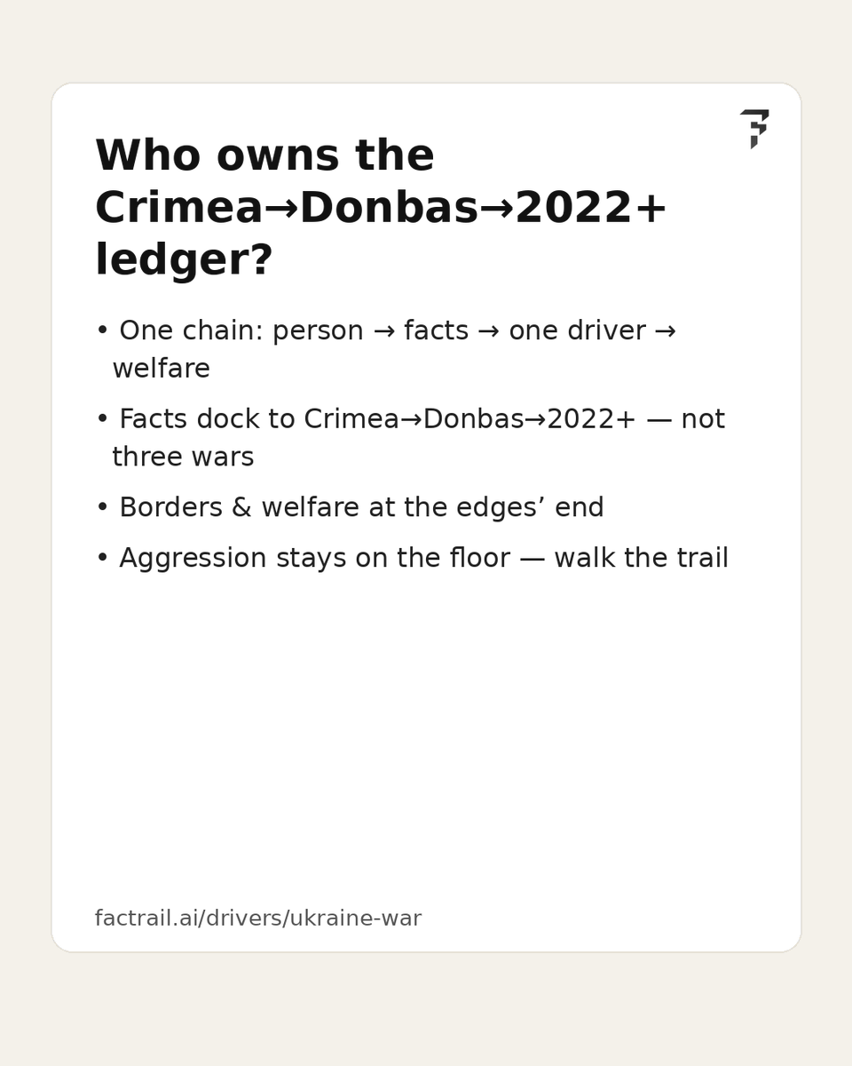 Factrail_ai's tweet photo. Who owns the Crimea→Donbas→2022+ ledger?

• One chain: person → facts → one driver → welfare
• Facts dock to Crimea→Donbas→2022+ — not three wars
• Borders &amp; welfare at the edges’ end

https://t.co/HHWFG4ADA2 https://t.co/3tgKpPXn5o
