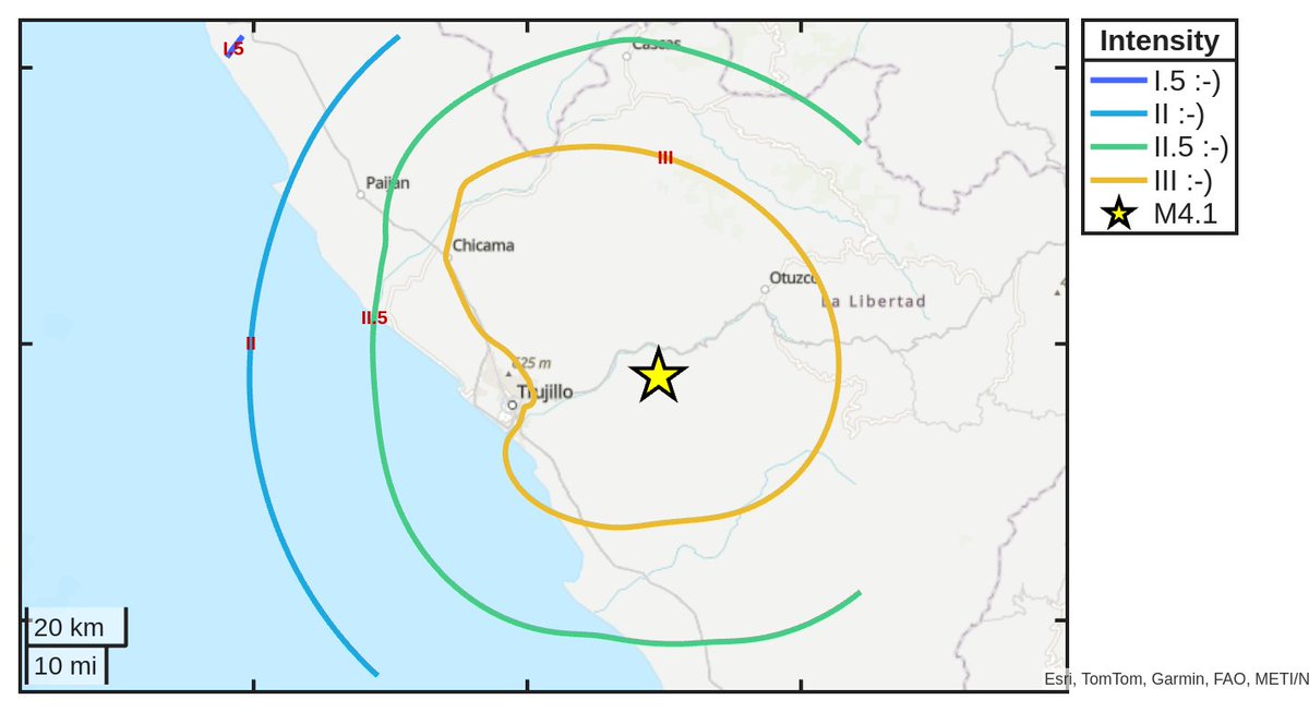 SismoDetector's tweet photo. Mapa de intensidad del #sismo M4.1 ocurrido a las 06:14:44 (UTC) con epicentro a 30 km de #Trujillo, Perú. Descarga la app Sismo Detector desde https://t.co/jS9crK4Riw para recibir alertas en tiempo real en tu smartphone https://t.co/tBAkTmnMll