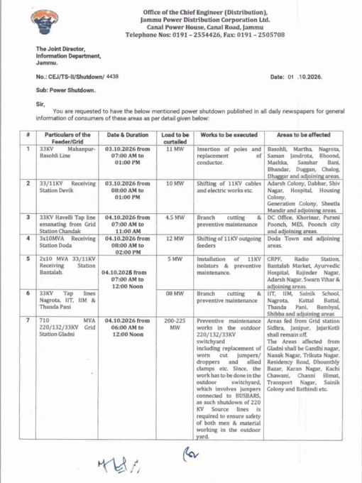 jkchanneltv's tweet photo. Power Shutdown in Jammu update for 3rd & 4th October 2026.@JPDCLofficial
#JPDCL #PowerUpdates #jammupowerdistribution #powershutdownupdates #JKElectricity #Electricityupdates https://t.co/Iue5lfcMPJ