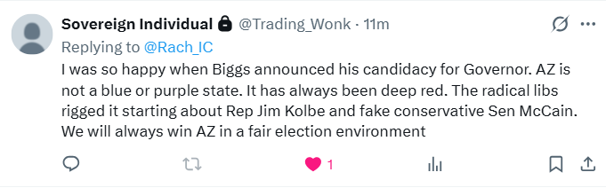 Rach_IC's tweet photo. We have a 7% Republican voter registration advantage in Arizona, significantly higher than the other so-called battleground states. The left bit off more than they can chew here. I think if they steal our top offices again this fall, that even the low-informed voters will no longer buy it. Warning to the left: If you steal our elections again, it will backfire. You picked the wrong state to steal.