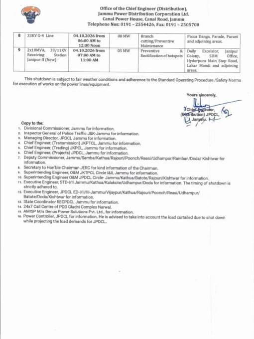 jkchanneltv's tweet photo. Power Shutdown in Jammu update for 3rd & 4th October 2026.@JPDCLofficial
#JPDCL #PowerUpdates #jammupowerdistribution #powershutdownupdates #JKElectricity #Electricityupdates https://t.co/Iue5lfcMPJ