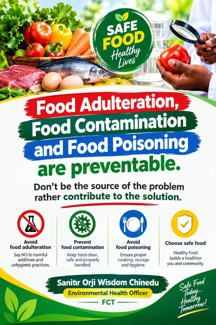 OrjicWisdom's tweet photo. Food adulteration, food contamination and food poisoning are preventable. Don't be the source of the problem rather be the solution.

Sanitr Orji Wisdom Chinedu 
Environmental Health Officer FCT https://t.co/M3ArVB9v6u