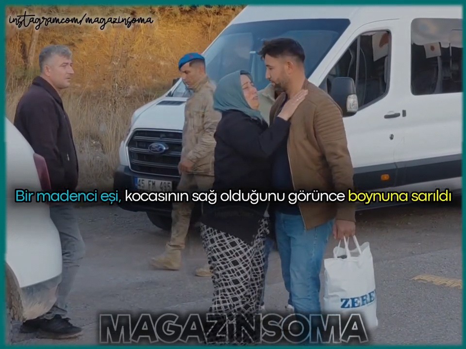 A news/magazine still image from 'MAGAZINSOMA' showing a woman in a headscarf hugging a man, with Turkish text indicating a miner's wife reuniting with her husband after being rescued alive.