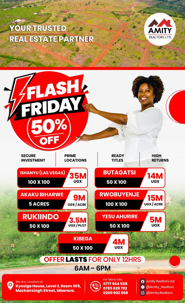 Amity_Realtors's tweet photo. It's a new month and we bring you bigger and better offers with our flash Friday sale with over 50% off on the best land deals in Western Uganda.
#plotsforsale
#westernuganda
#viralpost https://t.co/wEZQivDQUW