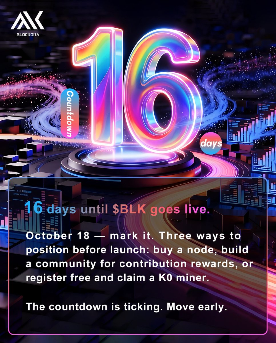 blockoraoffical's tweet photo. 🔥 16 days until $BLK goes live. October 18 — mark it. Three ways to position before launch: buy a node, build a community for contribution rewards, or register free and claim a K0 miner. The countdown is ticking. Move early. ⏳
#Blockora #BLK #TokenLaunch https://t.co/HGu0egYxU0