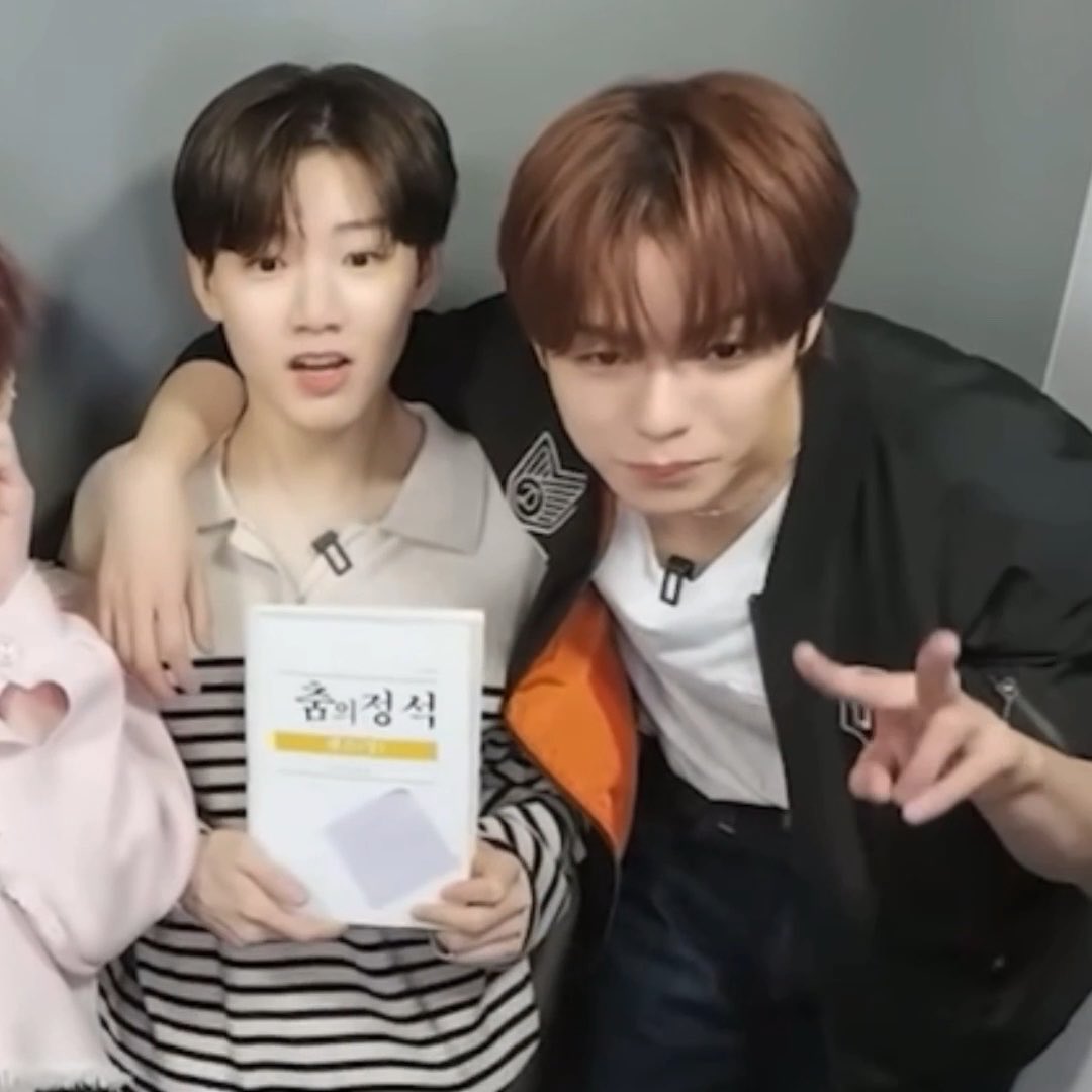 Two young men, one with dark hair and one with reddish-brown hair, posing together for a video with the red-haired one making a peace sign; a Korean book titled '짐의정석' is visible.