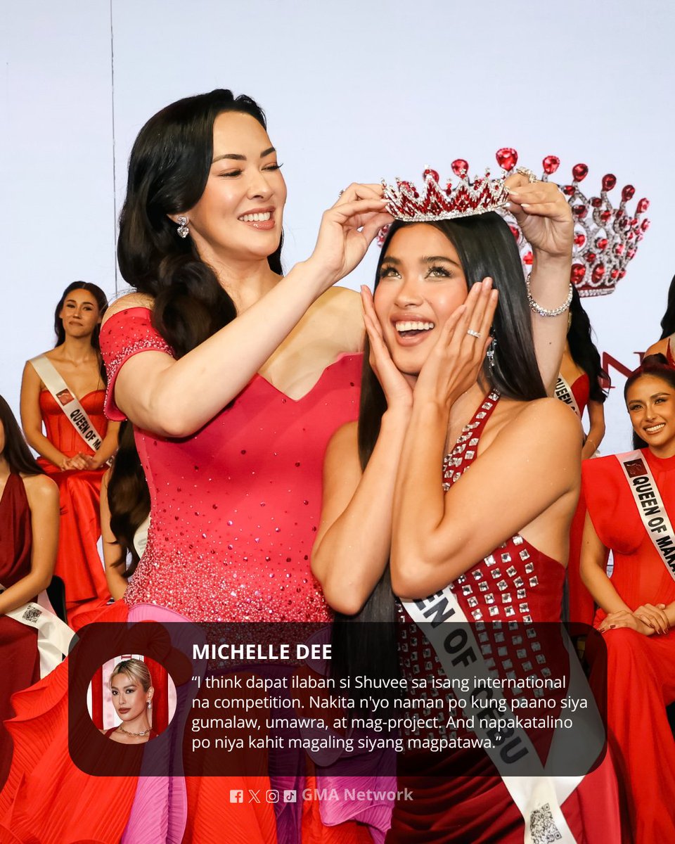 gmanetwork's tweet photo. SHUVEE WITH A CROWN? YES, PLEASE! 👑✨

Miss Universe Philippines 2023 #MichelleDee chooses 'Red Crown' co-star #ShuveeEtrata as the one she thinks should compete in an international beauty pageant.

Do you agree with MMD? Watch Shuvee’s crowning moment as the People’s Choice awardee at the #RedCrownMediacon and tell us if you can see her wearing an international crown too!

Catch them in #RedCrown — in cinemas October 28