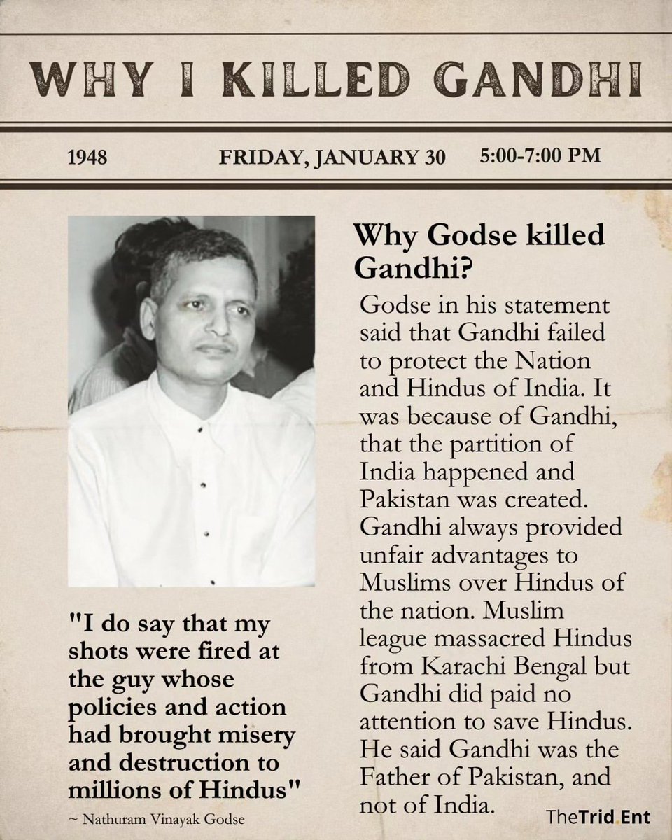 Imdead108_ybc's tweet photo. Why did Godse kill Gandhi? This question is still asked by many.

In his statement, Godse said he knew what would happen to him. He had no regret for what he did. He was ready to face all the hate and punishment.

What do you think about Godse and his act? Comment below. https://t.co/s6k7Bi0f6z