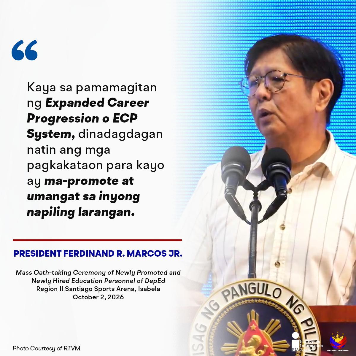 PIADesk's tweet photo. Binigyang-diin ni Pangulong @bongbongmarcos  ang patuloy na suporta sa mga guro sa pamamagitan ng Expanded Career Progression System para sa mas malinaw na landas tungo sa promosyon at mas malawak na oportunidad sa kanilang propesyon.

#DepEd #ISM #Teachers #BagongPilipinas https://t.co/aFiNieqKUq