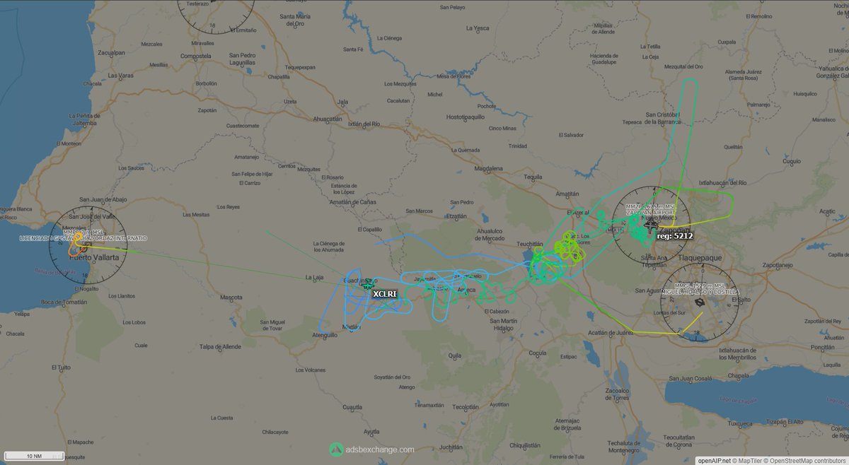 prefix64's tweet photo. Busy night over Jalisco. XC-LRI (Diamond DA62 MPP, #0D13CA), possibly SSPC based on its registration sequence, and Mexican Air Force 5212 (King Air 350ER, #0D08A9) tracked flying patterns along Federal Highway 70 (MEX-70). https://t.co/SpUK3860GI