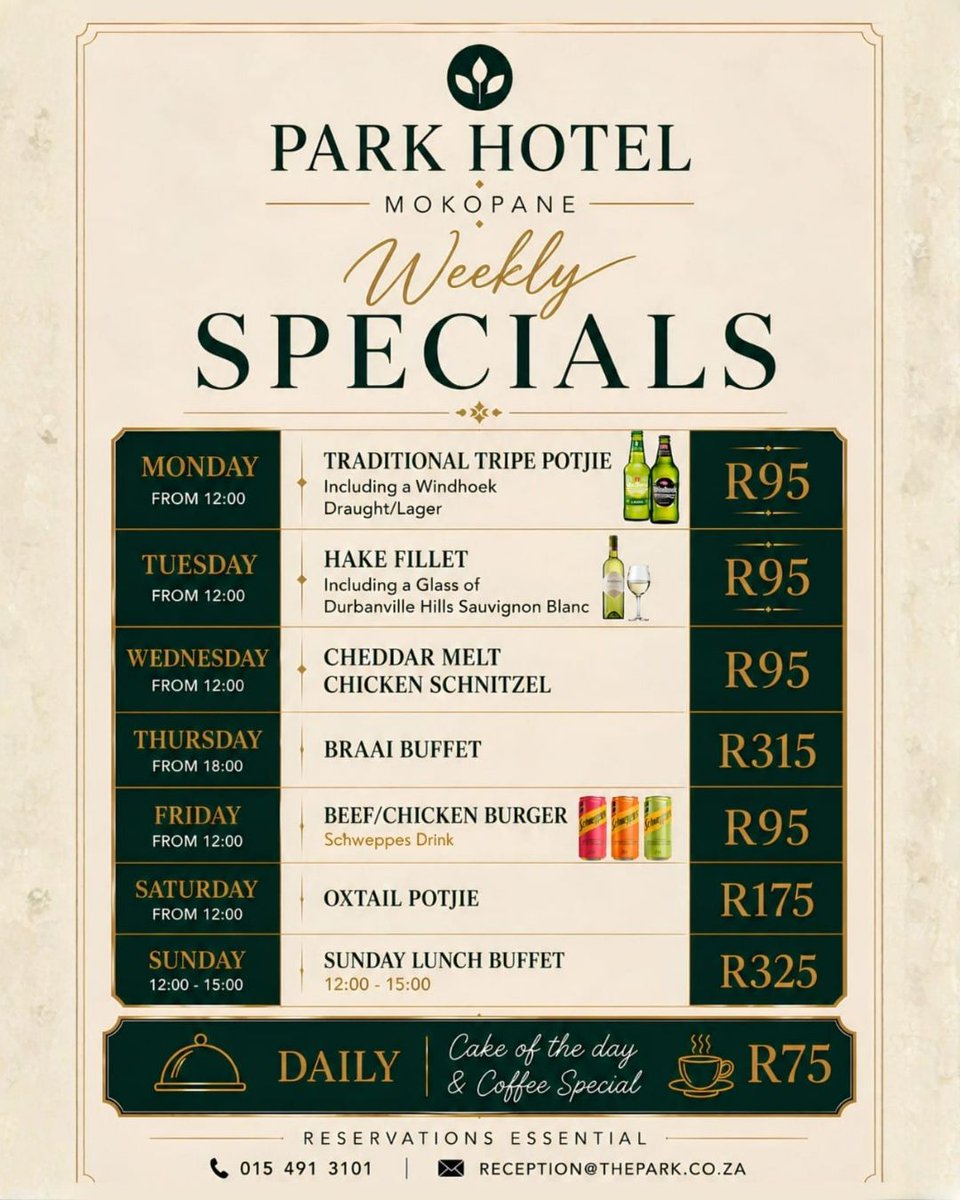 Pages_Potties's tweet photo. Plan your week with Park Hotel Mokopane’s tasty Weekly Specials lineup! 🍴 From Tripe Potjie Mondays to Oxtail Potjie Saturdays, there’s something for everyone. Reservations essential - call 015 491 3101. What’s on your plate this week? #MokopaneEats #WeeklySpecials #LocalDining https://t.co/p7iR5cah7T