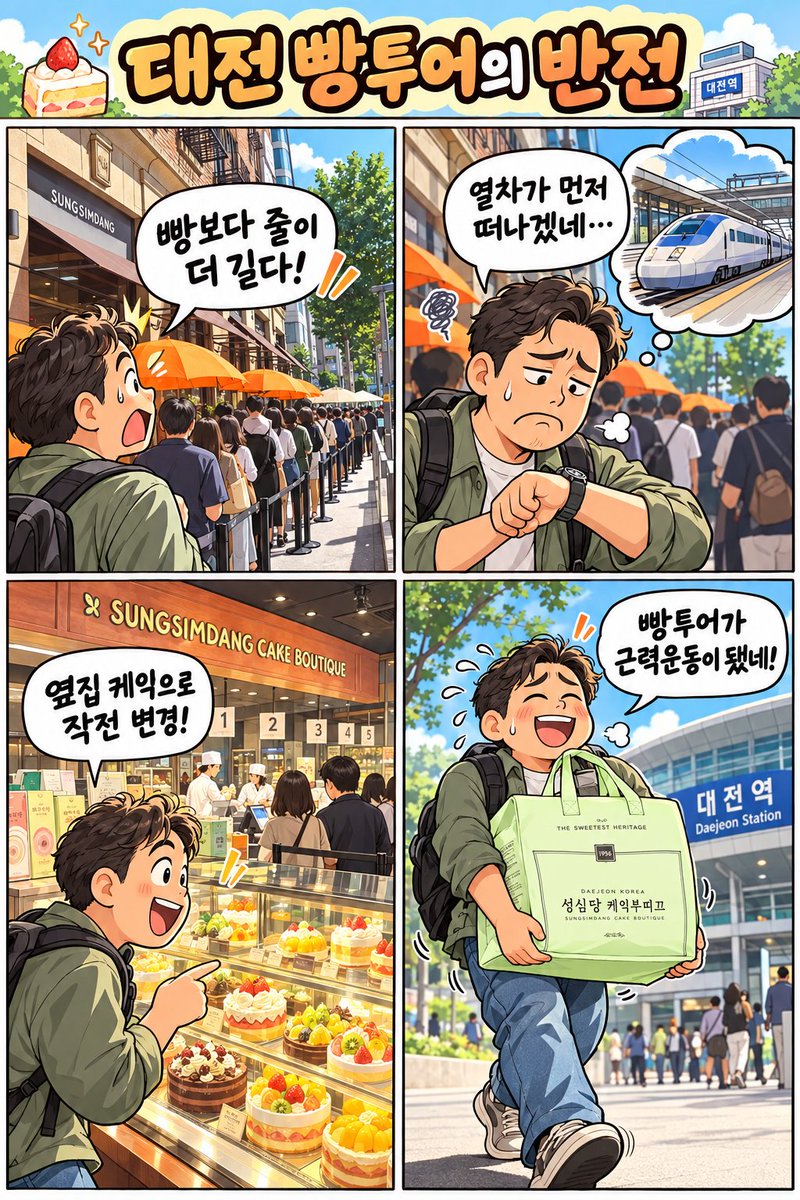 iamjanginjeong's tweet photo. 대전 빵투어 도전! 🥐

성심당 본점 줄을 보고
“빵보다 열차를 먼저 놓치겠다…” 싶어 과감히 포기! 😅

옆집 케익부띠끄로 작전 변경해 묵직하게 득템.
대전역까지 케익 가방 들고 걸으니, 빵투어가 근력운동으로 마무리됐네요. 🎂💪

#대전빵투어 #성심당 #성심당케익부띠끄 #대전여행 #걷기 https://t.co/6nxVc7djmy