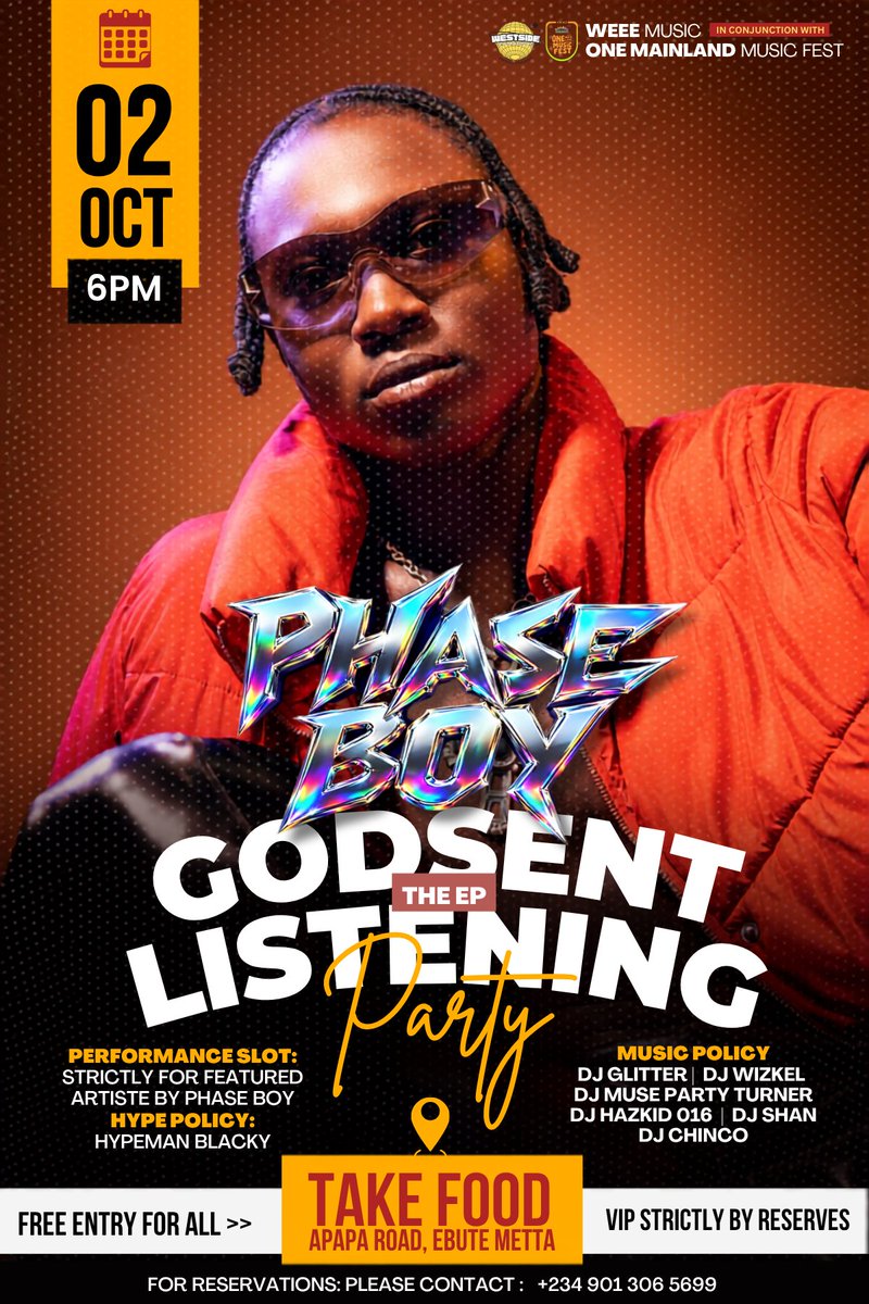 thesureguy's tweet photo. WEEE MUSIC is set to host a listening party for its signed artist, Phase Boy, as he celebrates his latest project, “God Sent.”

📍 Live in Ebute Meta, Lagos
📅 Today

Come through, catch the vibes, and let’s have a memorable party together! 

PHASE BOY — GOD SENT

#GodSent #PhaseBoy #WEEEMusic