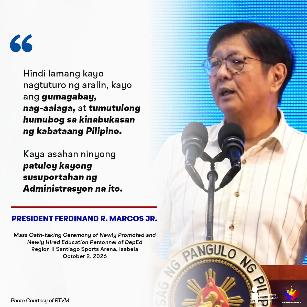 PIADesk's tweet photo. Tiniyak ni Pangulong @bongbongmarcos ang patuloy na suporta ng pamahalaan sa mga guro at kawani ng sektor ng edukasyon na nagsisilbing gabay, tagapag-alaga, at katuwang sa pag-unlad ng mga mag-aaral.
#DepEd #ISM #IntegratedStateMedia #BayaningGuro #Teachers #Guro #BagongPilipinas https://t.co/pofpMQ983h